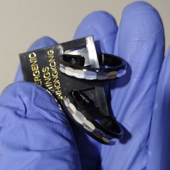 Women's Stunning Dainty Silver-tone & Black Open Hoop Design Earrings, #2 - Picture 3 of 5